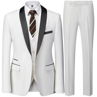 Conjunto Masculino Terno 3 Peças Smoking Um Botão Gola Xale de Cetim Slim Fit Blazer Colete Calças Para Formal Negócios Casamento Noivo