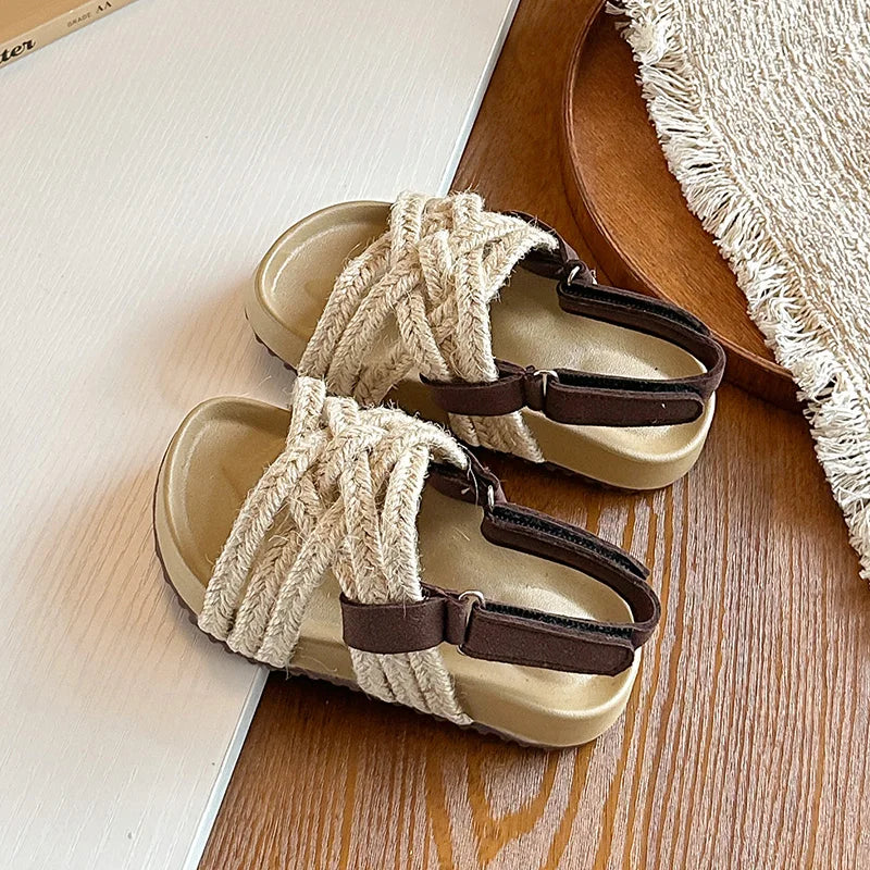 Children's Boho Braided Sandals Summer New Boys Girls Casual Shoes for Outdoor Daily Wear Open-toe Kids Platform Beach Sandals