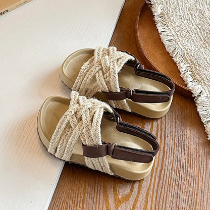 Children's Boho Braided Sandals Summer New Boys Girls Casual Shoes for Outdoor Daily Wear Open-toe Kids Platform Beach Sandals