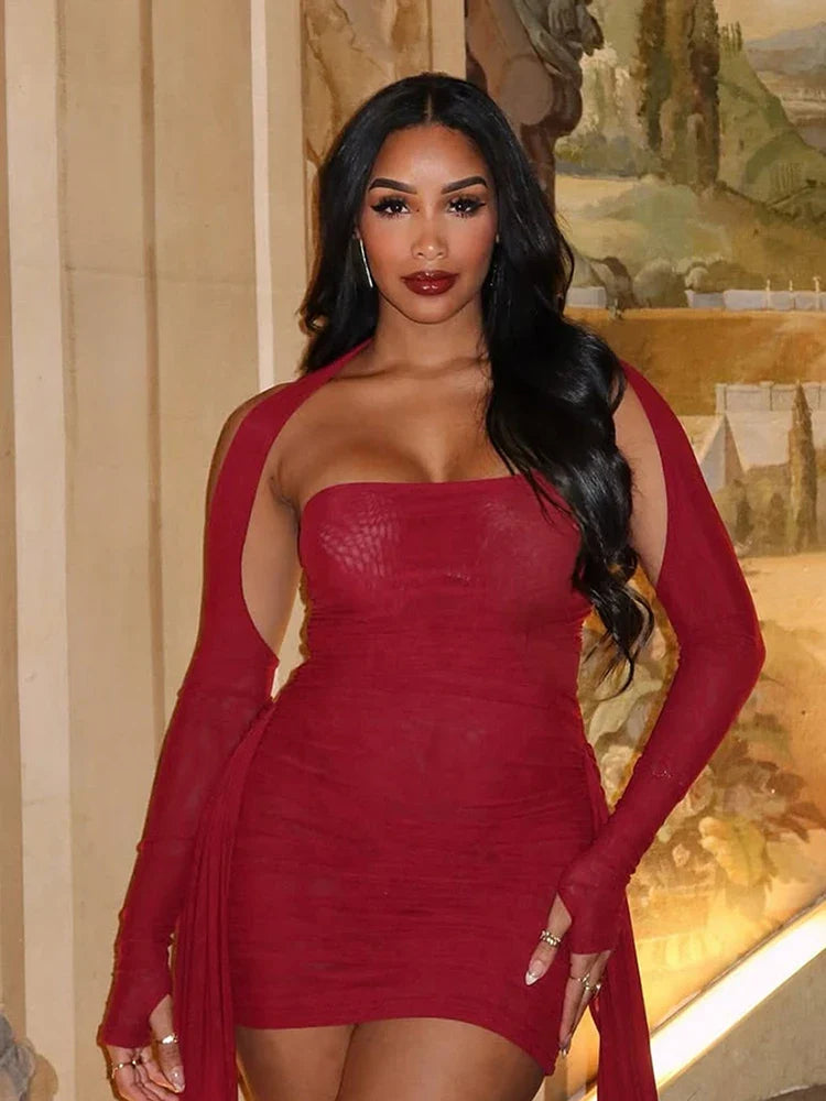 Mesh Simple Women Mini Dress Fashion Solid Strapless Ribbons Tassel Body-shaping Vestidos+Seperately Full Sleeve Gloves