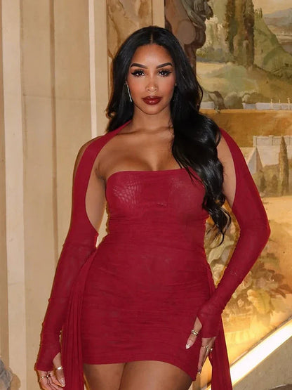 Mesh Simple Women Mini Dress Fashion Solid Strapless Ribbons Tassel Body-shaping Vestidos+Seperately Full Sleeve Gloves