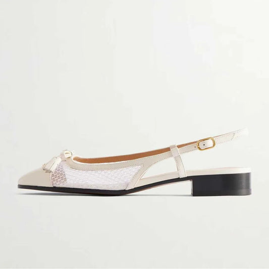 Summer White Cowhide Tassels Closed Toe Sandals Square Toe Hollow Low Heel Mesh One Word Buckle Sandals Commute