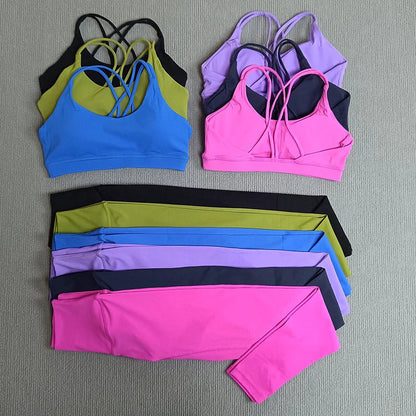 2 Pcs Women's Gym Tights Yoga Sports Set High Waist Leggings Cross Back Bra Top Fitness Running Workout Tracksuit