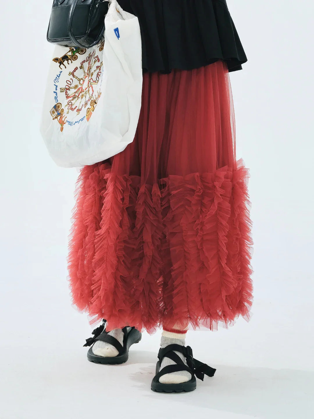 Women's Light Purple Tulle Midi Skirt with Ruffled Hem Elastic Waist Casual Fairy Style Summer  Flowy A-Line Skir 255106