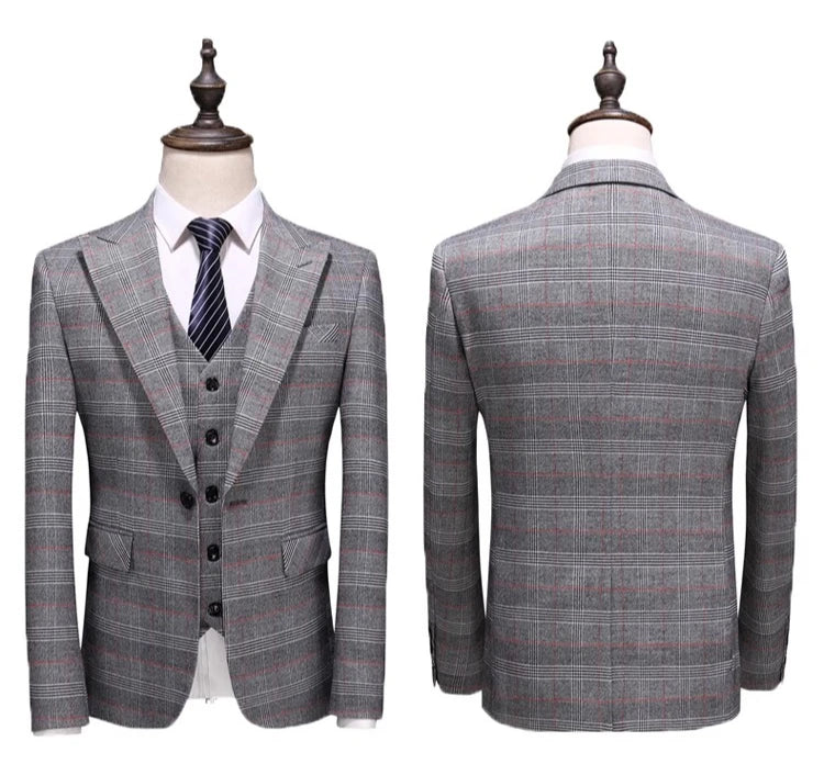 (  Blazer + Vest + Pants ) High-end Brand Gray Plaid Mens Formal Business Office Suit Three-piece Groom Wedding Dress Party Suit