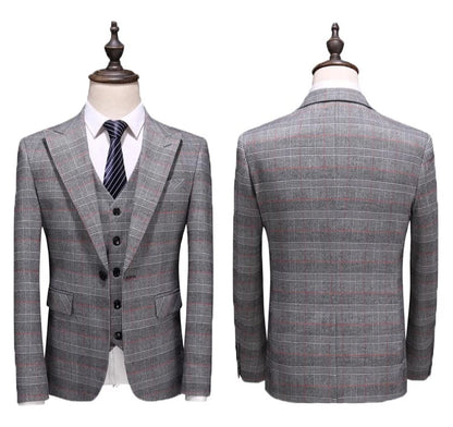 (  Blazer + Vest + Pants ) High-end Brand Gray Plaid Mens Formal Business Office Suit Three-piece Groom Wedding Dress Party Suit