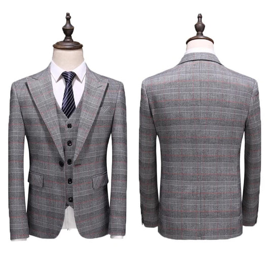(  Blazer + Vest + Pants ) High-end Brand Gray Plaid Mens Formal Business Office Suit Three-piece Groom Wedding Dress Party Suit