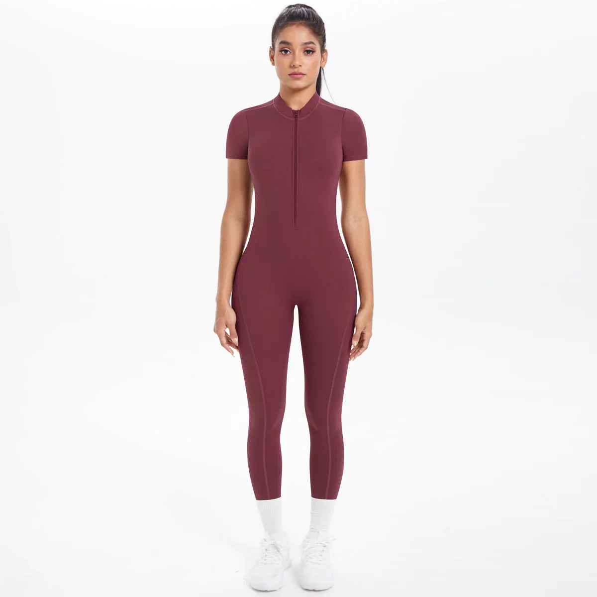 Short Sleeved Fitness Jumpsuit for Woman Bodysuits Backless Solid Color Scrunch One-Piece Suit Half Zipper Gym Yoga Sets Womens