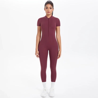 Short Sleeved Fitness Jumpsuit for Woman Bodysuits Backless Solid Color Scrunch One-Piece Suit Half Zipper Gym Yoga Sets Womens