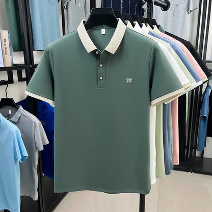 Designer brand silk cotton short sleeve polo shirt summer new Korean casual men's T-shirt fashion embossed soft breathable top