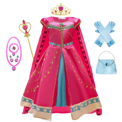 Princess Costume for Girls Arabian Dress for Kids Aladdin Cosplay Christmas Halloween Party with Gloves Crown Wand Accessories