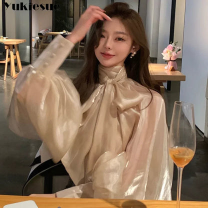 Spring Autumn Women Fashion Tops New Shirts Lantern Sleeve Stand Collar Solid Casual Vintage Elegant Temperament Long-Sleeved