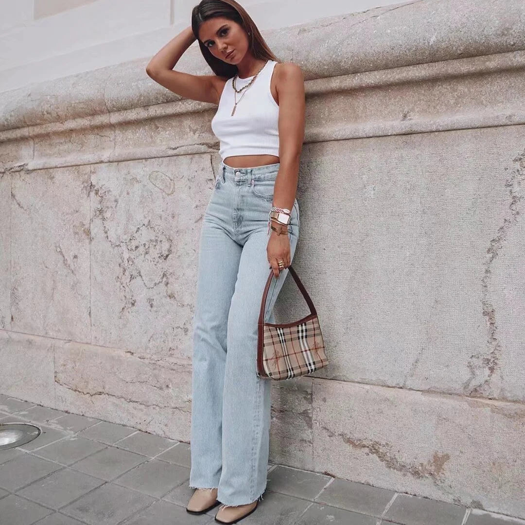 Classic Straight-Leg High-Waisted Denim Jeans with Raw Hem