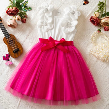 Vestido de Aniversário Infantil Menina Sem Mangas Elegante Flor 3D Tule Princesa Vestido de Verão 3-7 Anos Malha Doce Roupa Presente de Aniversário