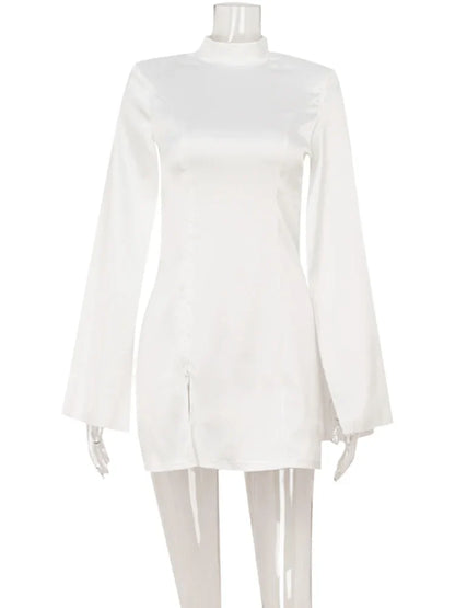 Mini Dresses For Women Solid Long Flare Sleeves Turtleneck Sheath Satin Fashion Split Party Slim Fit Female Robe