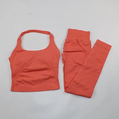 Seamless Gym Set Women Workout Clothes Low Waist Scrunch Yoga Leggings Sets Padded Halter Tank Top 2 Piece Sports Suits