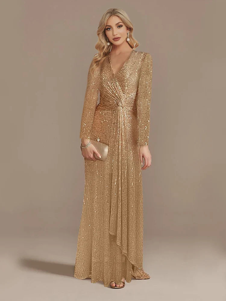 Luxury Floor Length V-Neck Evening Dress 2025 Women Elegant Party Maxi Dress Sequin Long Sleeves Prom Cocktail Dress