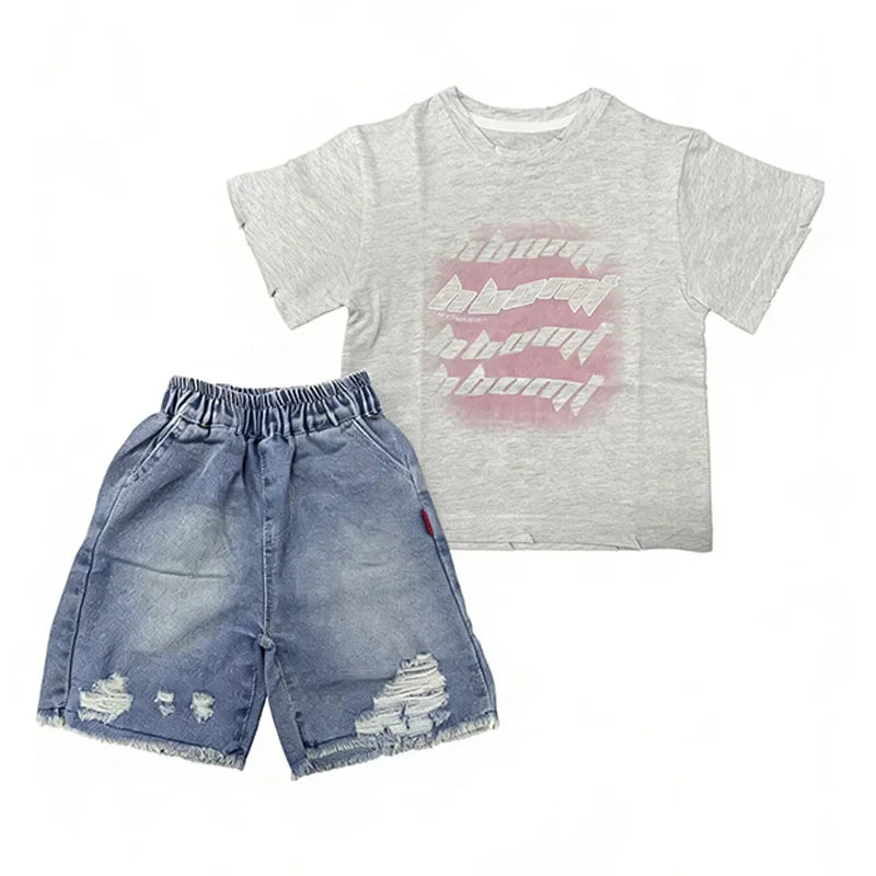 Toddler Boys 2Pcs Summer Outfits Letter Print Short Sleeve T-Shirt Ripped Denim Shorts Set Kids Boys Casual Daily Clothes 2-6Y