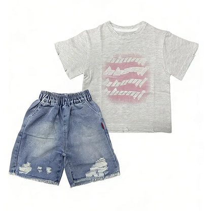 Toddler Boys 2Pcs Summer Outfits Letter Print Short Sleeve T-Shirt Ripped Denim Shorts Set Kids Boys Casual Daily Clothes 2-6Y