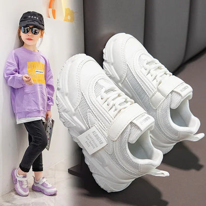 Spring New Kids Sneakers 2025 PU Girls Casual Mesh Solid Pink Light Boys White Hook & Loop Children Non-slip Sports Shoes