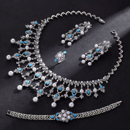 2024 New Pearl Jewelry Sets For Women Wedding Party Accessories Luxury CZ Dubai African 4-piece Bridal Jewelry Set