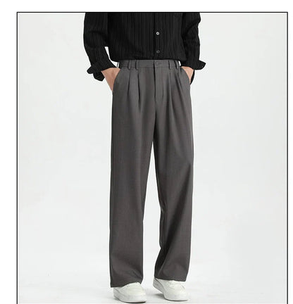 Spring New Loose Straight Pants Men Elastic Waist Double Pleats Wide Legs Casual Drape Fashionable Anti-wrinkle Trousers