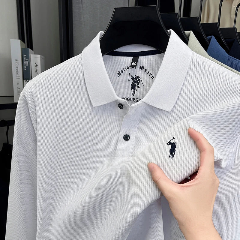 2025 New Cotton Long Sleeved T-shirt for Men, High End Embroidered Little Horse Logo Fashion Autumn/Winter Polo Top