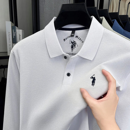 2025 New Cotton Long Sleeved T-shirt for Men, High End Embroidered Little Horse Logo Fashion Autumn/Winter Polo Top