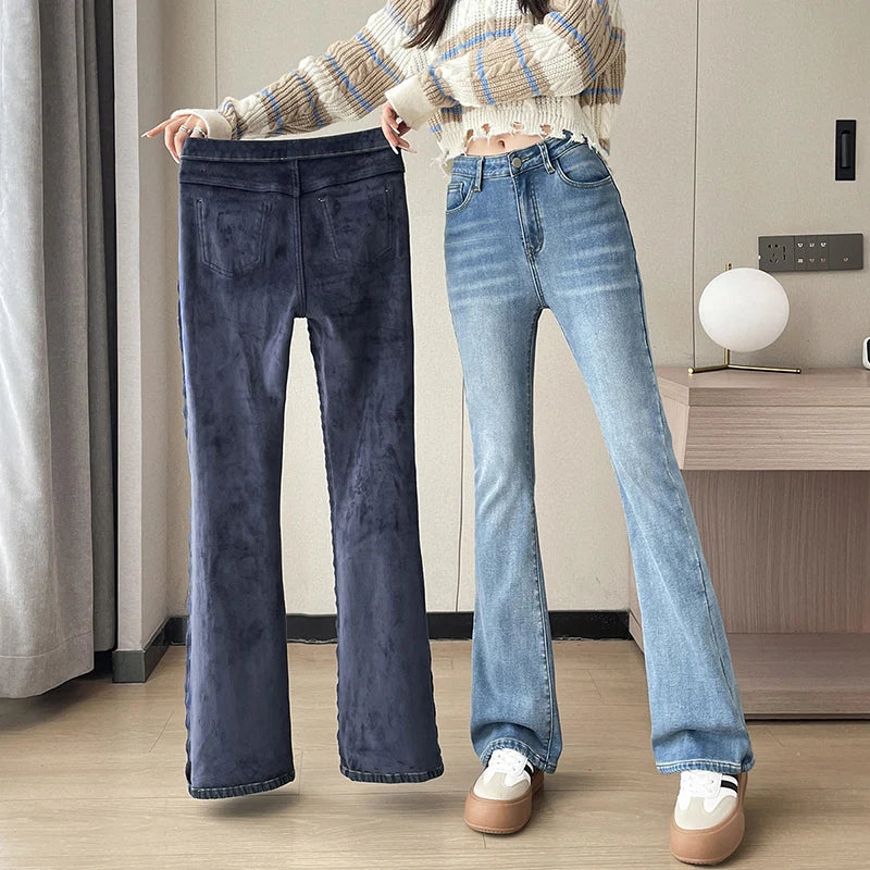 Fashion New Women Warm Plush Flared Jeans Thermal Fleece Loose Denim Pants Female High Waist Urban Straight Flare Trouser