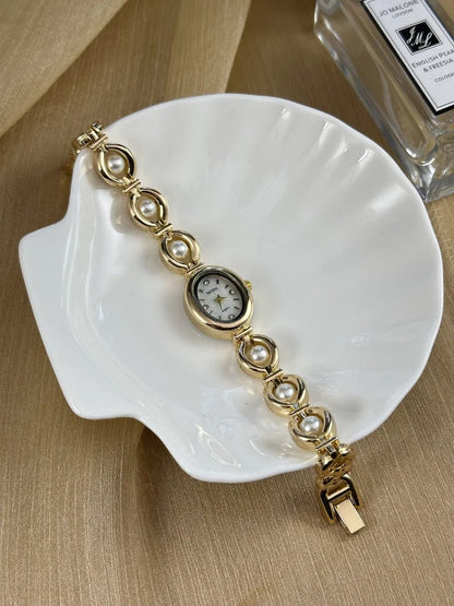 Luxury Pearl Inlaid Bracelet Watch Fashion Women Quartz Watch Brand Oval Dial Dress Wristwatches Dropshipping Relojes Para Mujer
