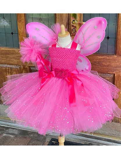 Girls Pink Glitter Tulle Dress Kids Butterfly Fairy Tutu Dresses with Wing and Stick Hairbow Children Halloween Cosplay Costume
