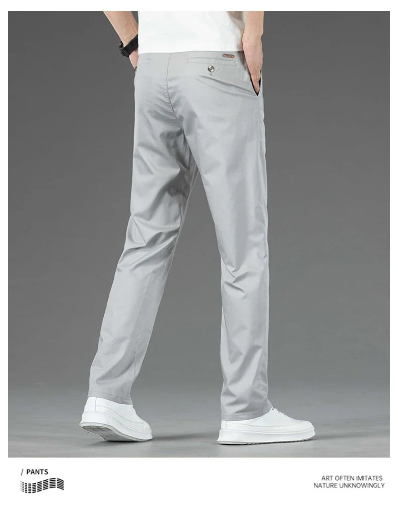 Spring Summer New Men's Casual Pants Thin Mulberry Silk Soft Business Casual Trousers Slim Straight Elastic Suit Pants Male