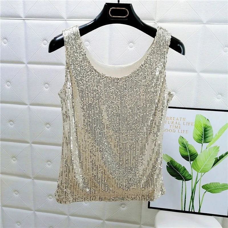 Sparkling Sequins Round Neck Vest Women's Outer Wear 2022 Summer New Bright Silk Fashion Glitter Bottoming Shirt Suspender Top