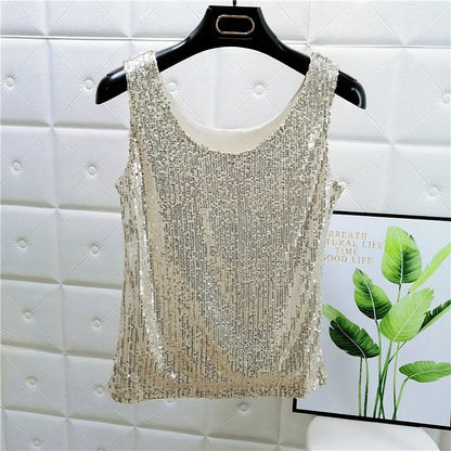 Sparkling Sequins Round Neck Vest Women's Outer Wear 2022 Summer New Bright Silk Fashion Glitter Bottoming Shirt Suspender Top