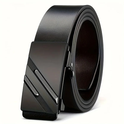 Men's belt made of synthetic leather with an automatic alloy buckle, durable and suitable for casual and semi-formal occasions.