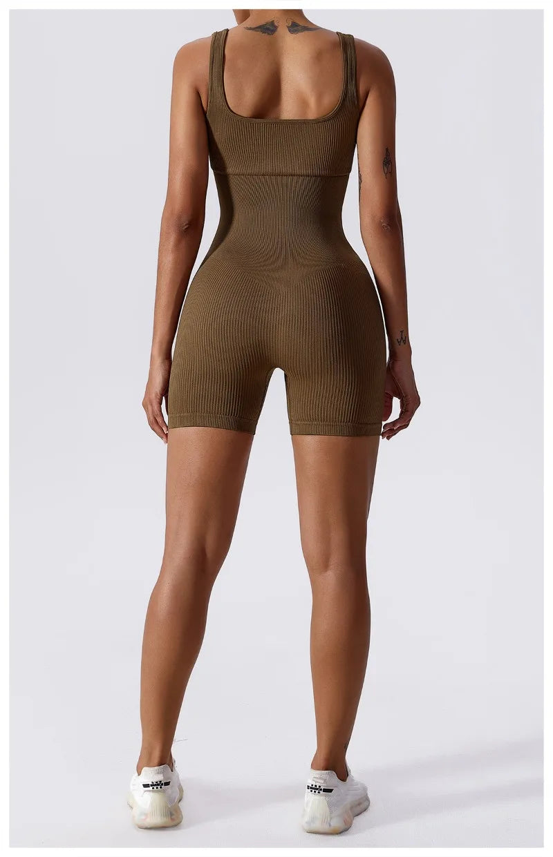 Women's Yoga Rompers One Piece Tummy Control Seamless Ribbed Jumpsuit Padded Sports Bra Workout Romper Fashion Fitness Sportwear