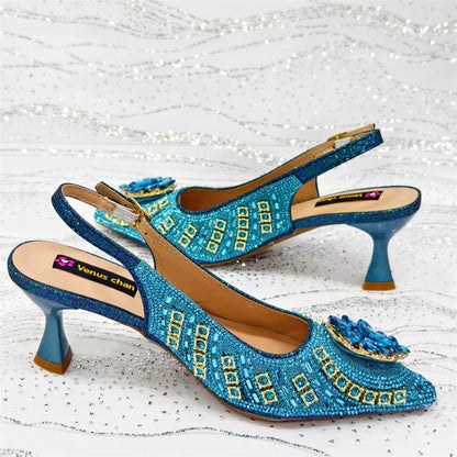 Popular Pointed Women Shoes Heels and Bags Rhinestone Chain Ladies Wedding Party Elegant and Luxurious Fashion