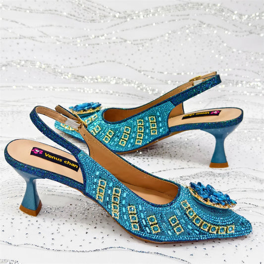 Italian Butterfly Design Pointed Toe Slingback Sandals with Matching Bag Set - Elegant Sky Blue for Weddings