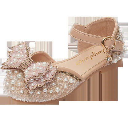 2026 New Summer Girls Sandals Cute Bow Pearl Sequins Kids Princess Shoes Flat Heels Dancing Shoes Size 21-36
