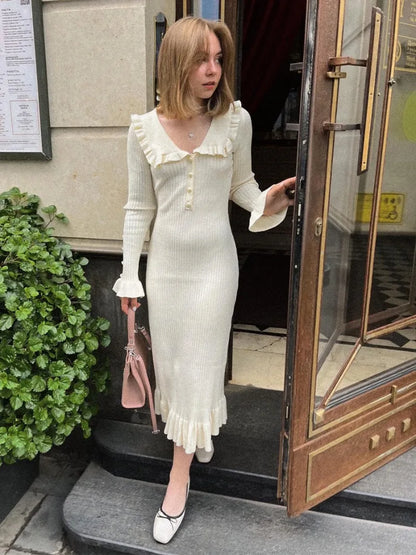 High Waist Ruffled Maxi Dresses For Women Autumn Winter Knitted Slim Long Dress Women's Vintage Dress Woman Retro Elegant