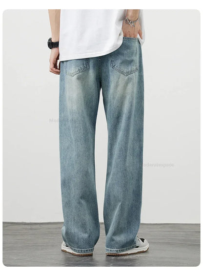Korea Baggy Cargo Jeans Men Vintage Straight Ripped Y2k Pants Fashion Frayed High Street Distressed Denim Trousers Male Clothes
