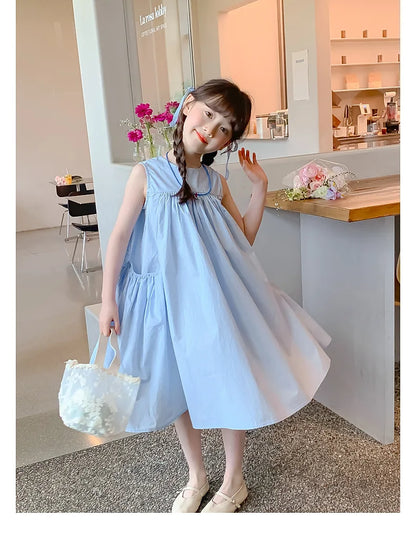 Summer Junior Girl Sleeveless Dress Solid Side Big Pockets Blue Ruched Dress For 2-10Y Girls Casual Round Collar Baby Girl Dress