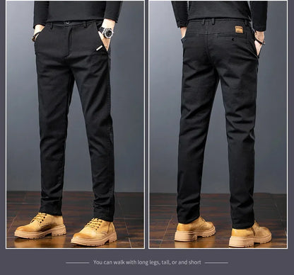 Men's Twill Slim Pants Business Straight Cotton Casual Trousers Brand Fashion Korean Elastic Coffee Black Gray Pant