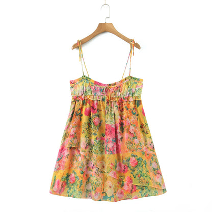 Flower Print Spaghetti Strap Mini Dress Women Backless Skater Lacing up Sling Robe Holiday
