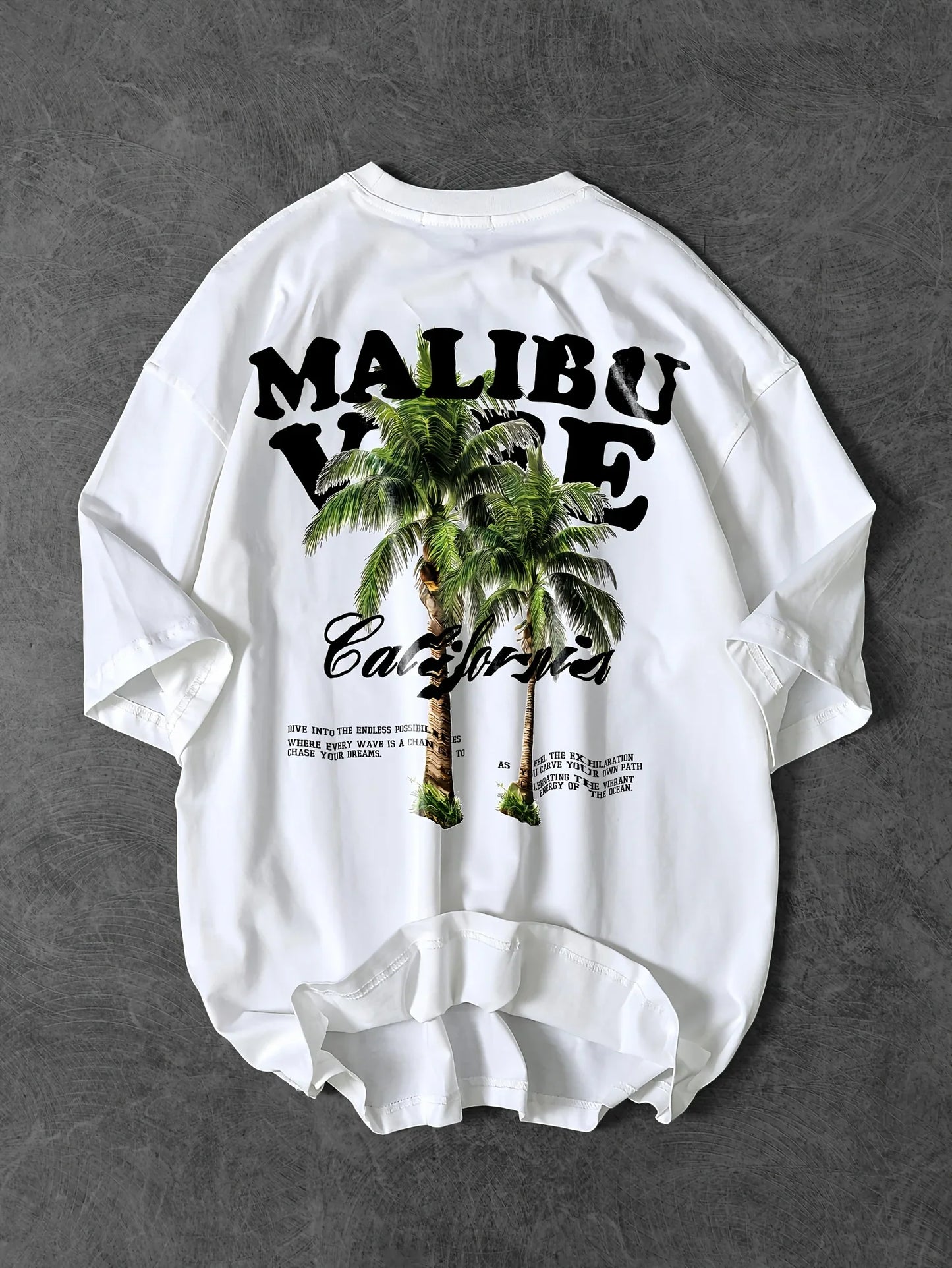 Vibrant Malibu Vibe Tee with Palm Tree and California Lettering Print on White 100% Cotton Men's T-shirt Summer Casual Wear