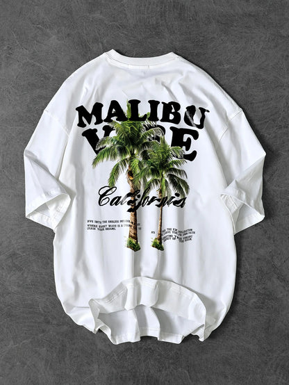 Vibrant Malibu Vibe Tee with Palm Tree and California Lettering Print on White 100% Cotton Men's T-shirt Summer Casual Wear