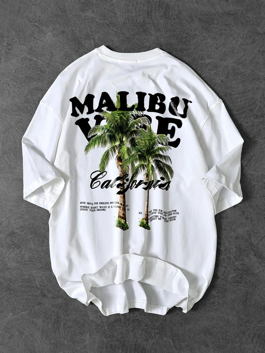 Vibrant Malibu Vibe Tee with Palm Tree and California Lettering Print on White 100% Cotton Men's T-shirt Summer Casual Wear