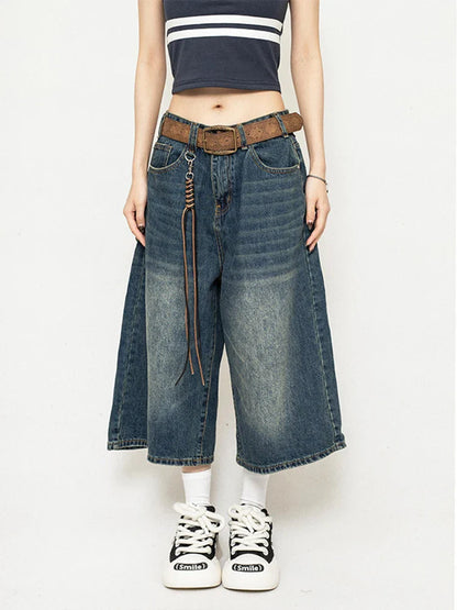 High Waist Black Retro Washed Denim Shorts Women's Harajuku Vintage Fashion Casual Loose Y2K Streetwear Mid Long  Wide Leg Pants