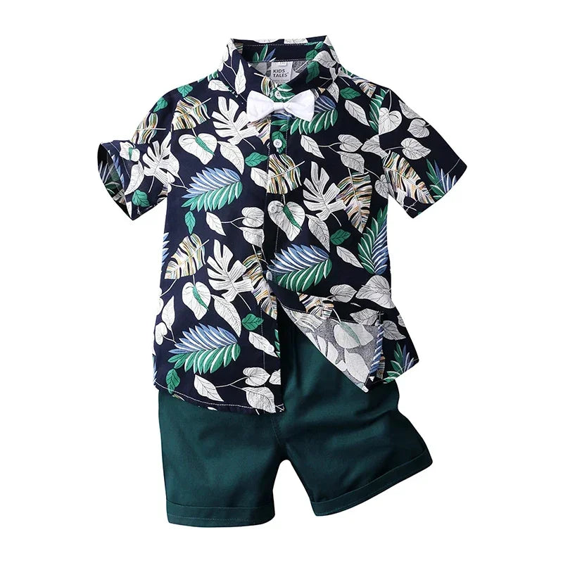 Toddler Baby Boys Sets Summer Hawaiian Outfit Infant Kids Floral Print Short Sleeve Shirt Bowtie Shirt+Shorts Gentleman Suits
