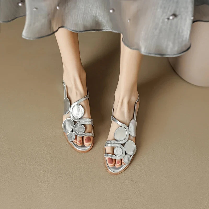 Women's New Round Head Spring/Summer Genuine Leather Sheepskin Spliced Low Heel Large Size Elastic Open Toe Sandals